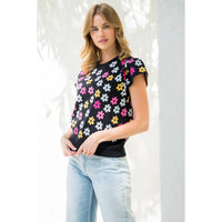 Short Sleeve Flower Print Sweater