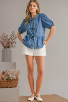 Ally Cute Tied Trim Puff Sleeve Denim Shirt