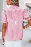 Candy Stripe V Neck Ruffle Short Sleeve Blouse