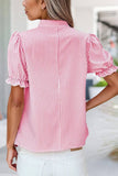 Candy Stripe V Neck Ruffle Short Sleeve Blouse