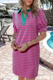 Jessica Pink Stripe Collared V Neck Puff Sleeve T Shirt Dress