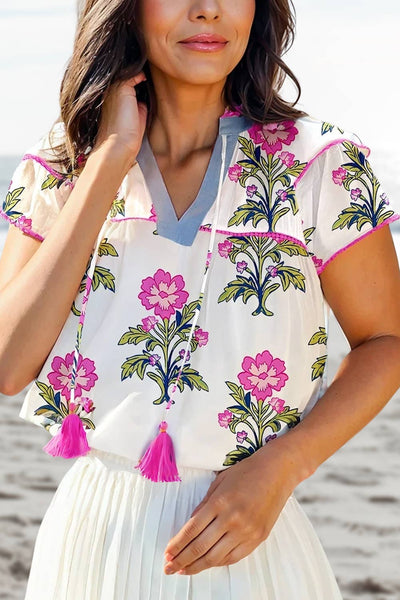 Mason Floral Print Short Sleeve V Neck Blouse