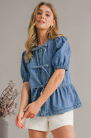 Ally Cute Tied Trim Puff Sleeve Denim Shirt