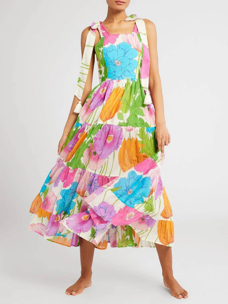 Vibrant Colorful Floral Spaghetti-Strap Tiered Dress