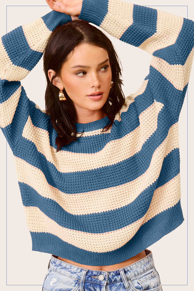 Loose Fit Striped Round Neck Long Sleeve Sweater: Denim / M