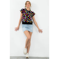 Short Sleeve Flower Print Sweater