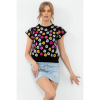 Short Sleeve Flower Print Sweater