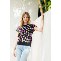 Short Sleeve Flower Print Sweater