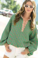 Unique Two Tone Textured Snap Button Front Top: Matcha