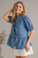 Ally Cute Tied Trim Puff Sleeve Denim Shirt