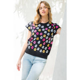 Short Sleeve Flower Print Sweater