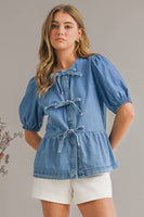 Ally Cute Tied Trim Puff Sleeve Denim Shirt