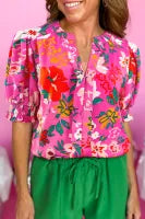 Spring Time Floral Split V Neck Puff Sleeve Blouse