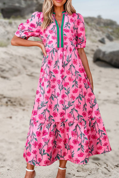 Aubrey Floral Print V Neck Shift Long Dress
