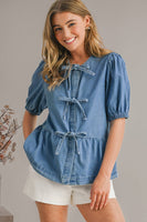 Ally Cute Tied Trim Puff Sleeve Denim Shirt