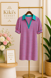 Jessica Pink Stripe Collared V Neck Puff Sleeve T Shirt Dress