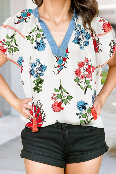 Mary Floral Printed Ruffle Short Sleeve Shift Blouse