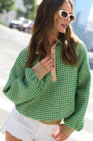 Unique Two Tone Textured Snap Button Front Top: Matcha