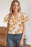 Brandi Ruffled V Neck Scalloped Short Sleeve Floral Blouse
