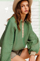 Unique Two Tone Textured Snap Button Front Top: Matcha