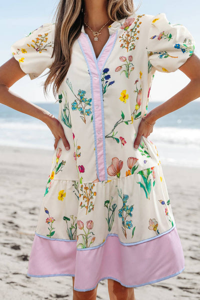 Kaylee Boho Striped Floral Print Short Sleeve Mini Dress