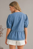 Ally Cute Tied Trim Puff Sleeve Denim Shirt