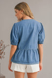 Ally Cute Tied Trim Puff Sleeve Denim Shirt