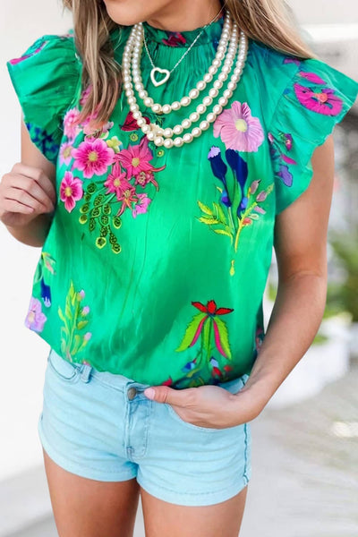 Kaylee Chic Floral Print Frilly Mock Neck Blouse
