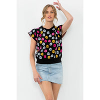 Short Sleeve Flower Print Sweater