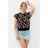 Short Sleeve Flower Print Sweater