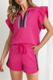 Lilly Striped Flutter Sleeve Zipped Collar Short Set