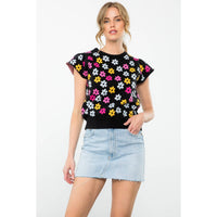 Short Sleeve Flower Print Sweater