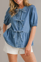 Ally Cute Tied Trim Puff Sleeve Denim Shirt