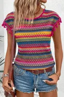 Multi-Colored Jacquard Textured Tasseled Cap Sleeve Top
