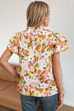 Brandi Ruffled V Neck Scalloped Short Sleeve Floral Blouse