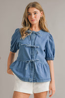 Ally Cute Tied Trim Puff Sleeve Denim Shirt