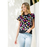 Short Sleeve Flower Print Sweater