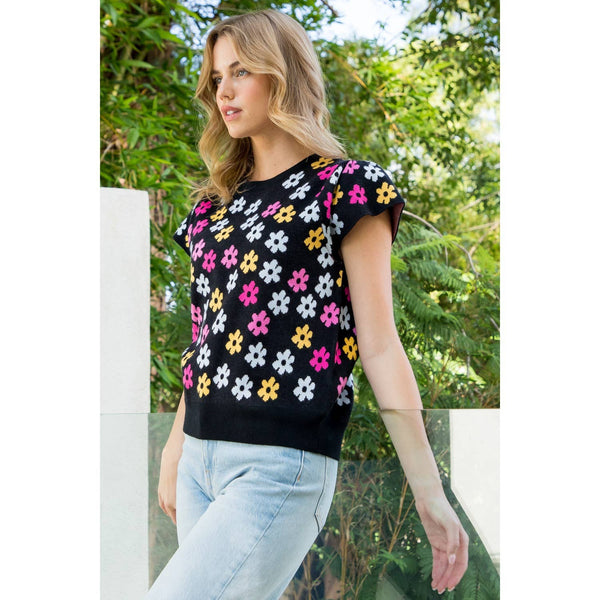 Short Sleeve Flower Print Sweater