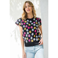 Short Sleeve Flower Print Sweater