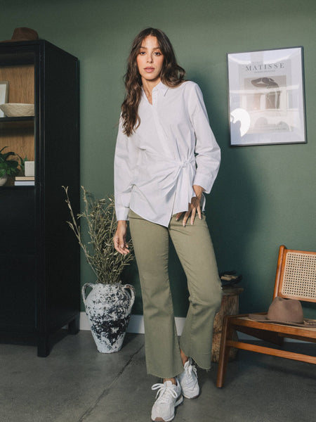 High Rise Kick Flare in Moss Green with Raw Cut Hem